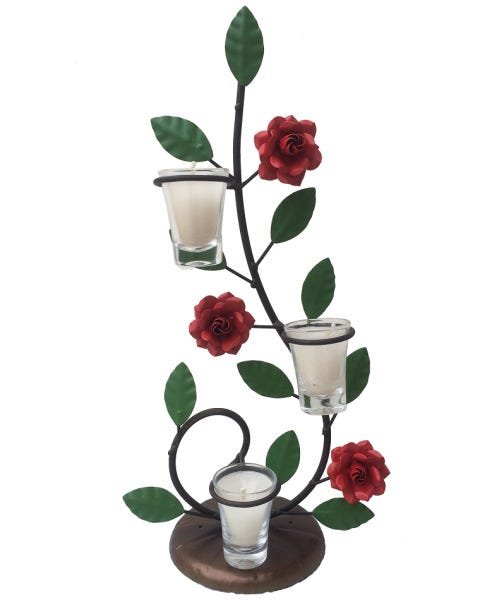 Castiçal de Vela Decorativo Rústico em Ferro para Sala com Flores e Folhas - Vermelho Claro