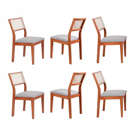 Kit 6 Cadeiras Madeira Maciça com Estofado e Fibra Natural Rattan Maya Yescasa Marrom/Champagne/Cinza