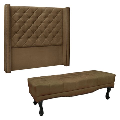 Kit Cabeceira e Calçadeira Recamier Casal 1,40m Vicenza Suede - Pallazio Caramelo