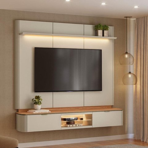 Painel Home para TV Sala de Estar Ferrara Canela Off White Fosco 166cm