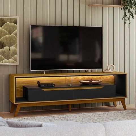 Rack Retrô para TV até 65 Polegadas com LED MDF 175cm Pés em Madeira Maciça 2 Gavetas e Duo