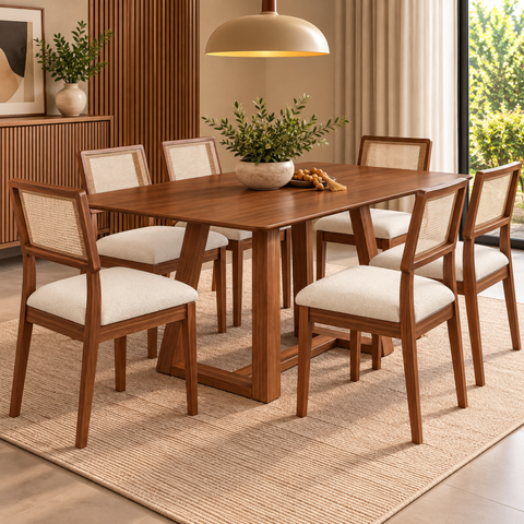 Conjunto Mesa de Jantar Retangular 6 Cadeiras Estofadas Encosto Tela Pinhão/Cesare Claro - Dalla Cos