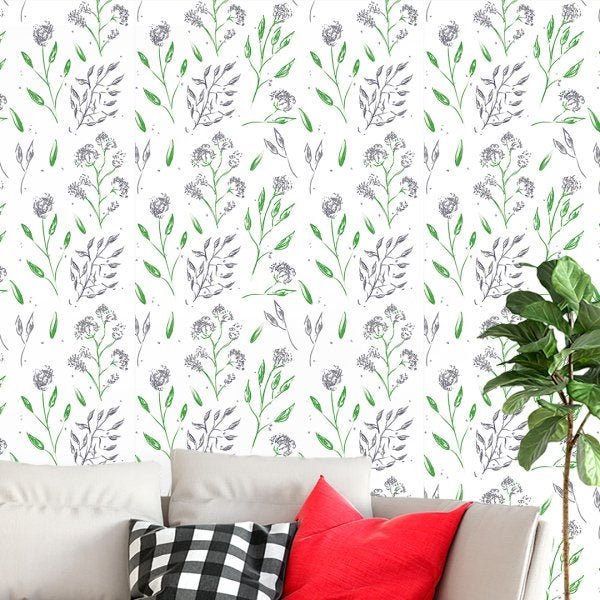 Papel de Parede Adesivo Floral Cinza e Verde - 086 - 1