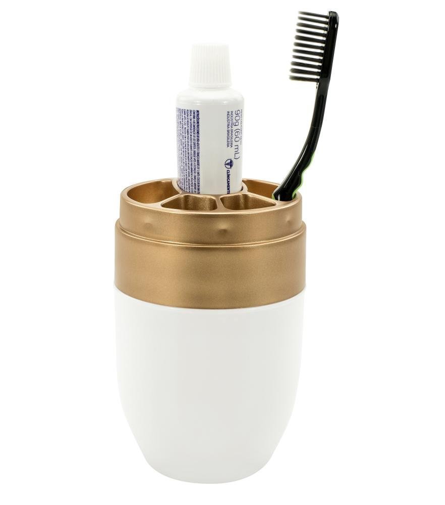 Kit Banheiro Acessórios Lavabo Branco Dourado 3 Peças Forma Dispenser Sabonete Líquido Porta - 7