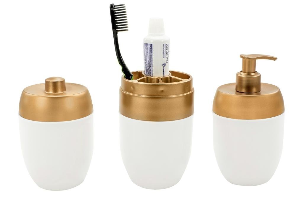 Kit Banheiro Acessórios Lavabo Branco Dourado 3 Peças Forma Dispenser Sabonete Líquido Porta