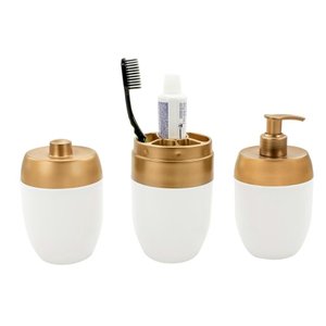 Kit Banheiro Acessórios Lavabo Branco Dourado 3 Peças Forma Dispenser Sabonete Líquido Porta