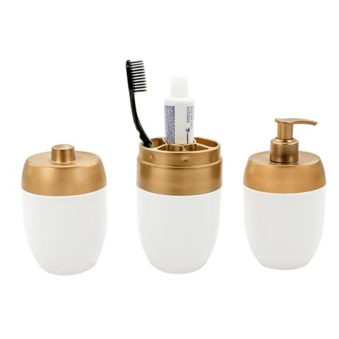Kit Banheiro Acessórios Lavabo Branco Dourado 3 Peças Forma Dispenser Sabonete Líquido Porta