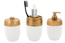 Ver imagem 1 de Kit Banheiro Acessórios Lavabo Branco Dourado 3 Peças Forma Dispenser Sabonete Líquido Porta