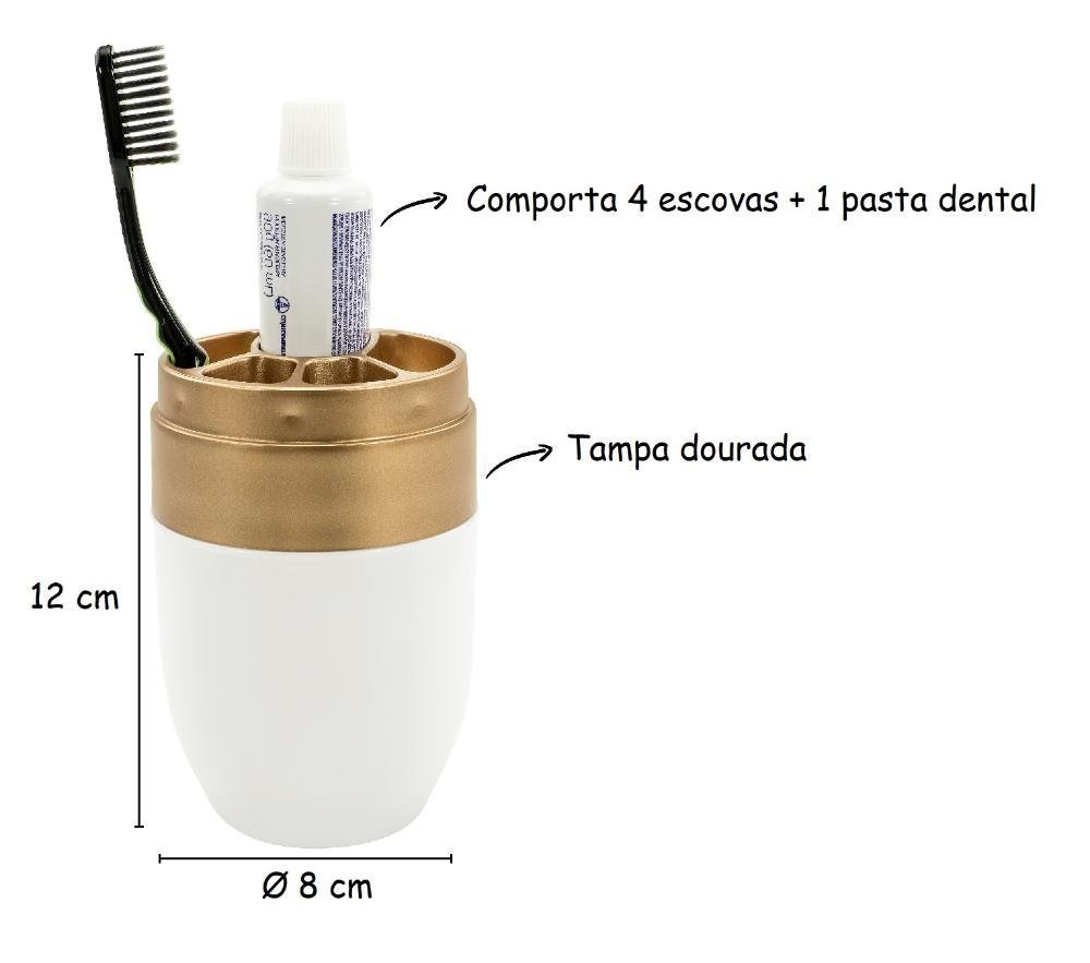 Kit Banheiro Acessórios Lavabo Branco Dourado 3 Peças Forma Dispenser Sabonete Líquido Porta - 6