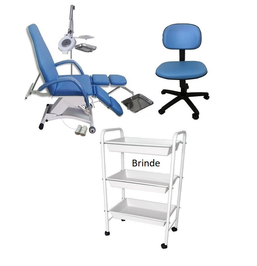 Cadeira de Podologia Azul Semi-elétrica na Elevação com Bandejas Mocho Brinde Fiscomed Kit para Podo - 1