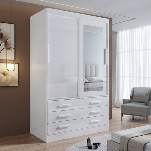 Guarda-Roupa 2 Portas de Correr com Espelho 6 Gavetas Meridian Gold Branco