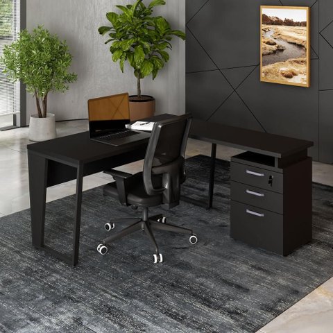 Mesa Escritório 1,50m Gaveteiro 3 Gavetas e Chave F5 Office Cor:preto