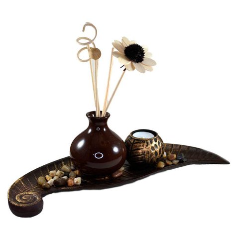 Conjunto Bandeja Flor com Difusor Porta Velas Jardim Zen Resina 35cm