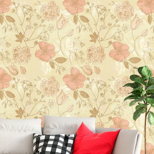 Papel de Parede Adesivo Floral Bege e Rosa - 147 - 1
