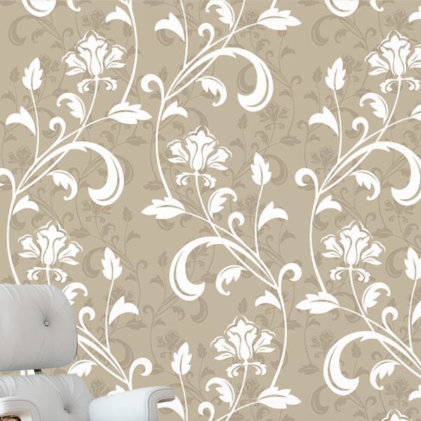 Papel de Parede Adesivo Floral Bege e Branco - 001 - 1
