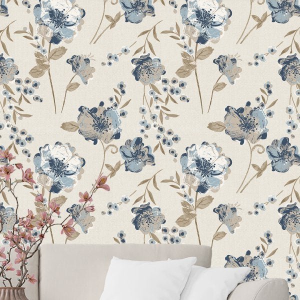 Papel de Parede Adesivo Floral Bege e Azul - 196 - 1