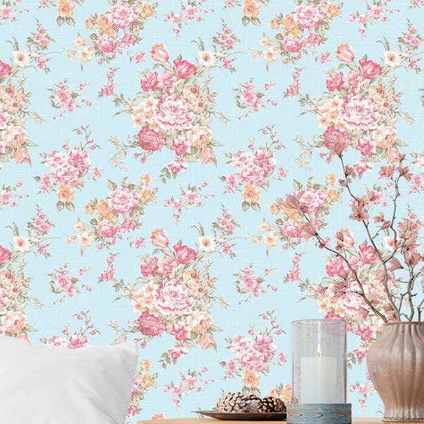 Papel de Parede Adesivo Floral Azul e Rosa - 182 - 1