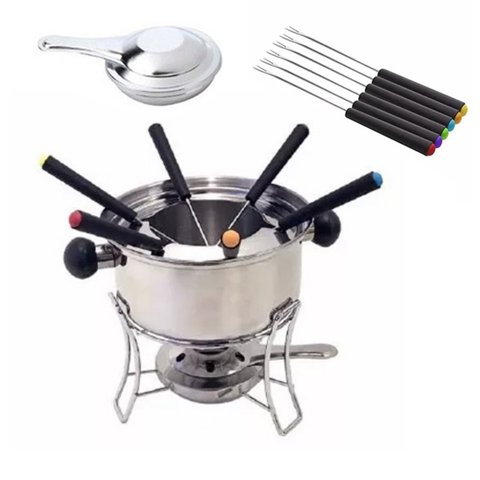 Conjunto Fondue 10 Peças Inox Panela Garfo Fogareiro Aparelho Queijo Chocolate Salgado Doce Vinho Fr