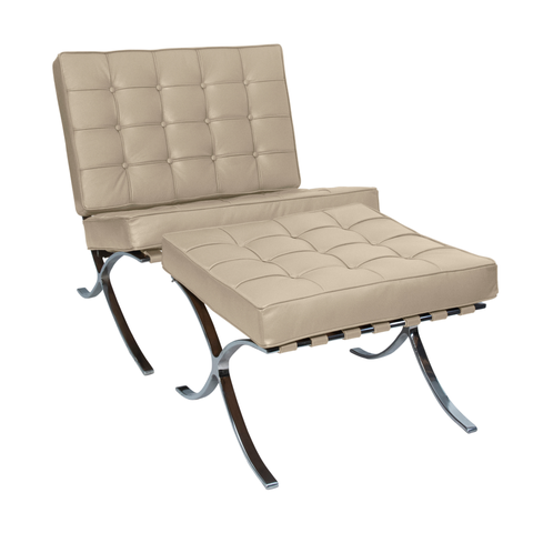 Poltrona com Banqueta Barcelona Base Cromada Couro Natural Legitimo:off-white