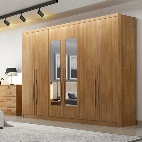 Guarda-Roupa Casal 6 Portas 6 Gavetas com Espelho 100% MDF Reno 276x236cm Marrom/Cumaru