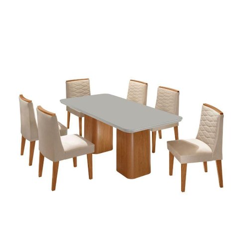 Mesa de Jantar Eloise Tampo Mdf Vidro com 6 Cadeiras Moderna Veludo Creme Off White Naturale