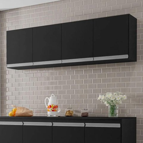 Armário Aéreo de Cozinha Calano 150cm 4 Portas MDP MDF Preto Fosco AJL Móveis