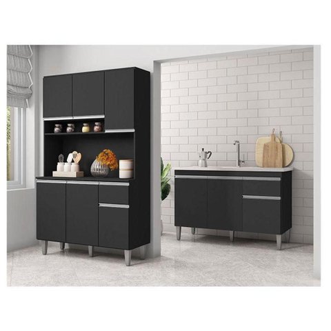 Balcão de Pia Tatiane 120 Cm e Armário Cozinha Kit Márcia Ambiente Preto Fosco - Ajl