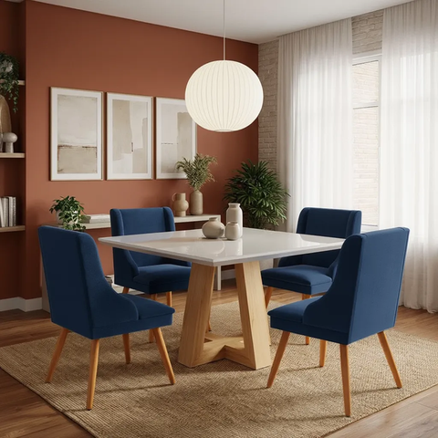 Jogo Conjunto de 4 Cadeiras para Sala de Jantar Liz Suede Azul Marinho Pés Palito Castanho