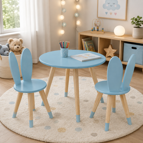 Conj Mesa 2 Cadeiras Coelho Infantil MDF15MM Pés Pinus:Azul
