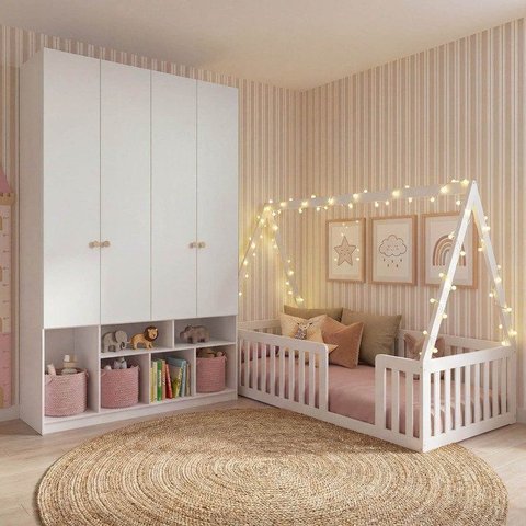 Quarto Montessori Cama com Telhado Giulia e Guarda-Roupa Curió 4 Portas Casatema MadeiraOriginals Br