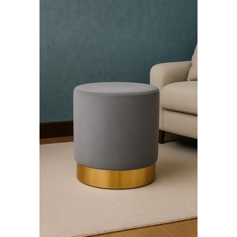 Puff com Rodape Dourado Cinza Veludo