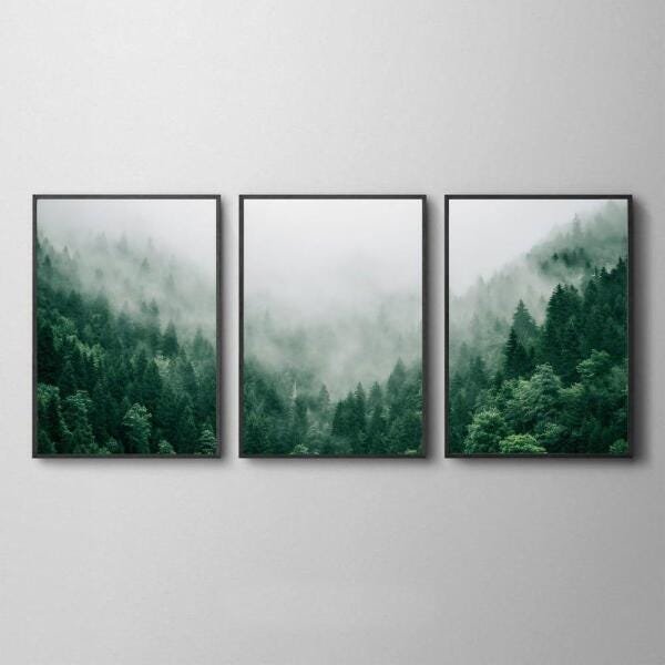 TRIO DE QUADROS FLORESTA VERDE NEBLINA - 1