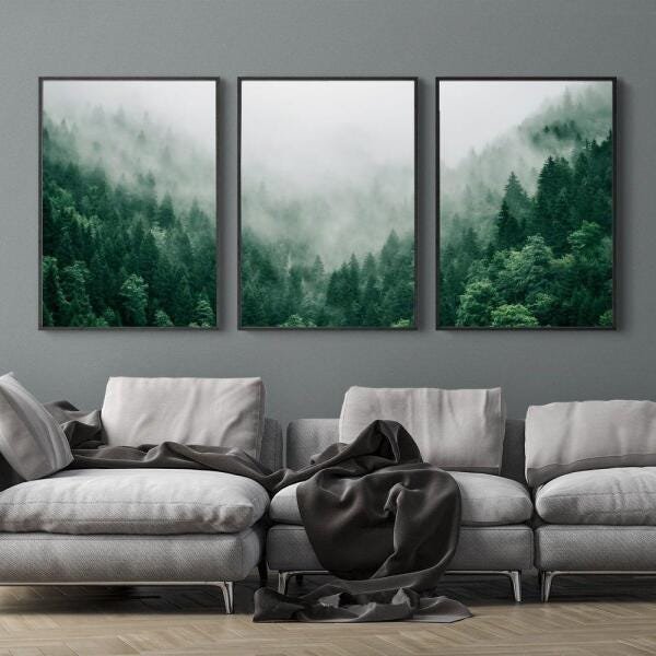 TRIO DE QUADROS FLORESTA VERDE NEBLINA - 2