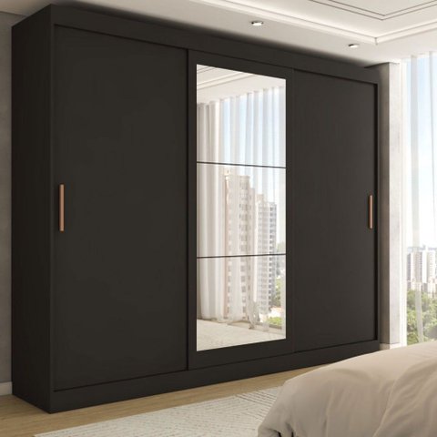 Guarda-roupa Casal Harvard 3 Portas 2 Gavetas com Espelho 100% Mdf Preto - Panorama Móveis