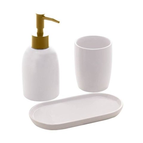 Conjunto 3 Pçs para Banheiro de Ceramica Paris Branco e Dourado Lyor