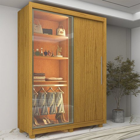 Guarda-Roupa Solteiro 2 Portas com 1 Porta Reflectante com LED com Pés 100% MDF Royale