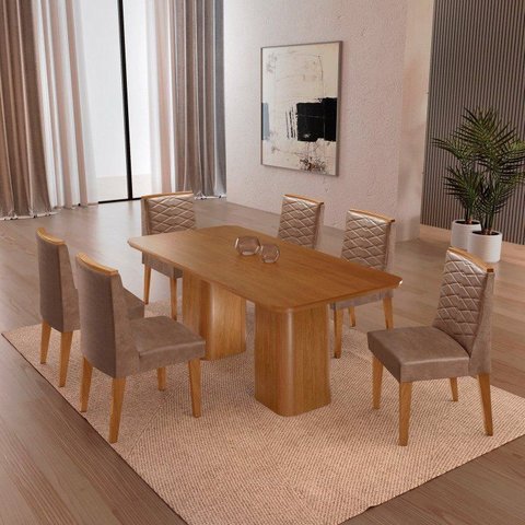Conjunto Sala de Jantar Mesa Tampo MDF 6 Cadeiras Sakura Marrom/Marromle/Off White