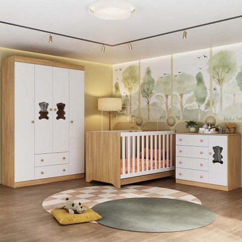 Quarto de Bebê Completo com Berço Americano 3 em 1 Teddy Multimóveis Mp4644 Madeirado/branco