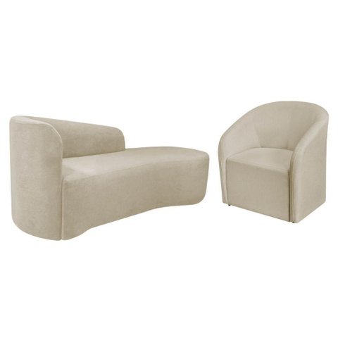 Kit Sofá Curvo França 140cm Ld. e Poltrona Luiza Max Conforto, Elegância e Design Moderno Linho