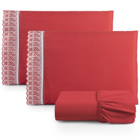 Jogo de Lençol Cama Casal Padrão 3 Peças 100% Algodão Percal 180 fios Com Leze:Vermelho