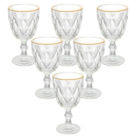 Jogo de Taças de Vidro Diamond Fio de Ouro 320ml 6 Peças - Hauskraft Premium