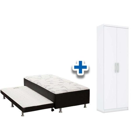 Cama Box Solteiro Conjugado Ortobom Black c/ Auxiliar + Armário Multiuso Margarida Branco