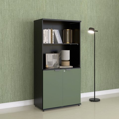 Armário Misto para Escritório com Nicho e Portas com Chave 159,6cm P25 Branco/Preto/Sálvia