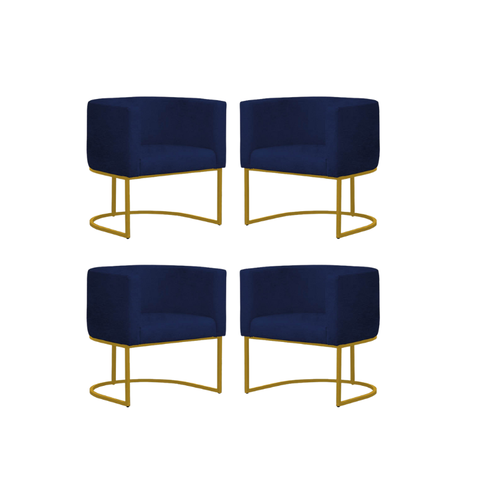 Kit 4 Poltrona Reforçada Decorativa Sala Estar Jantar Gabriela Base Ferro Dourado Suede Azul Marinho