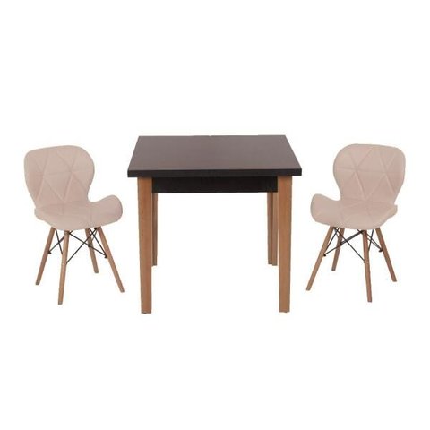 Conjunto Mesa de Jantar Juliette Preta 80cm com 2 Cadeiras Slim - Nude