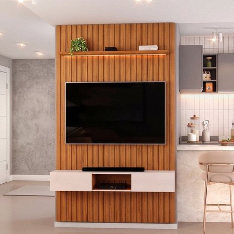 Painel Ripado para TV até 60 Polegadas com LED MDF 143CMX240CM Trento