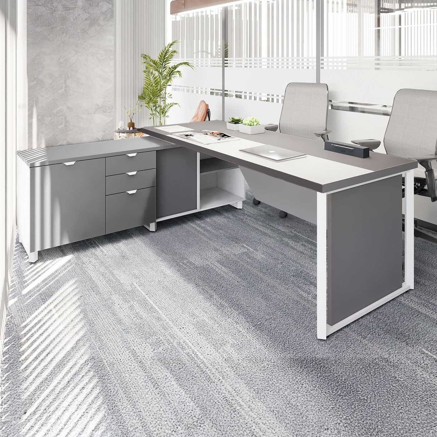 Mesa de Escritório Executiva com Armário Lateral e Caixa de