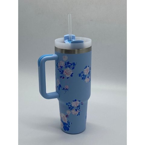 Copo Térmico Ms-957 1200ml com Estampas Florais - Aço Inox com Tampa Emborrachada:Azul Florido