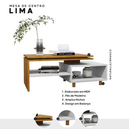 Mesa de Centro Sala Lima com Pés de Madeira Maciça Naturale/branco - 3