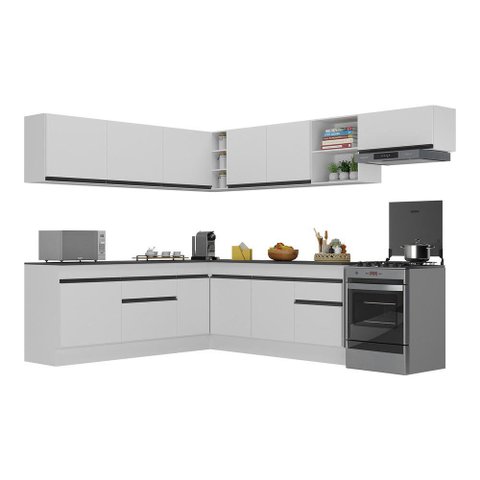 Armário de Cozinha Completa de Canto com Rodapé Veneza Multimóveis V2103 Branco/Preto